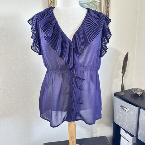 Faith 21 Tops - Faith 21 Ruffle Front Sheer Purple Button Top Blouse Sz XL Sleeveless Career